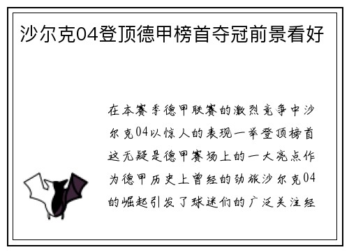 沙尔克04登顶德甲榜首夺冠前景看好